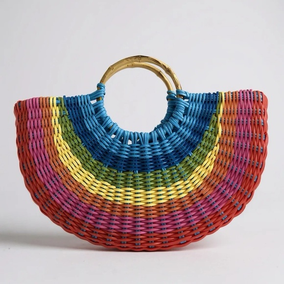 Colorful Woven Women's Bag with Bamboo Handle - Picture 1 of 6